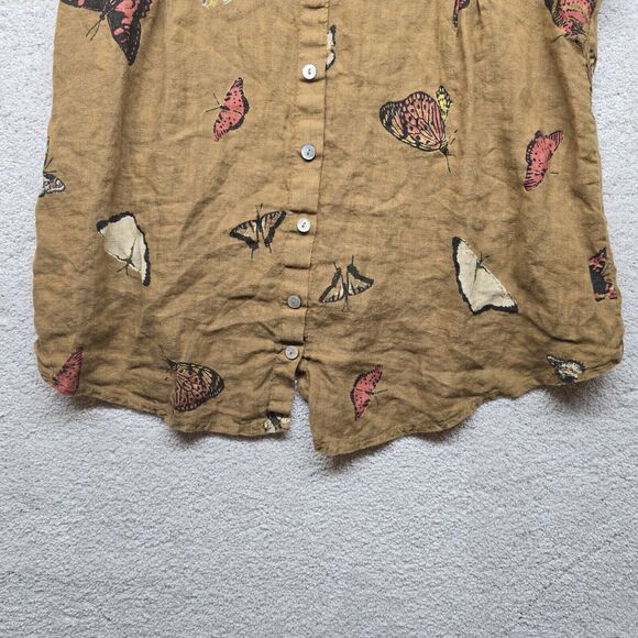 Terzo Millennio Top Linen Brown Butterfly Print Sz Small Back Buttons Lagenlook - Picture 8 of 10